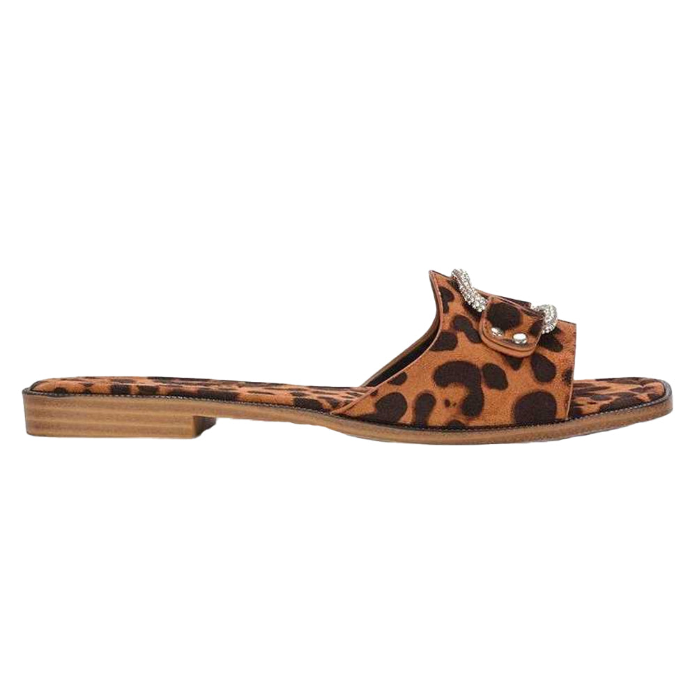 Brown - Back - XY London Womens-Ladies Annie Leopard Print Diamante Flat Sliders
