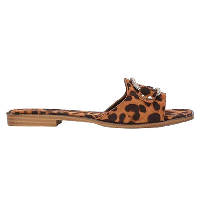 Brown - Back - XY London Womens-Ladies Annie Leopard Print Diamante Flat Sliders
