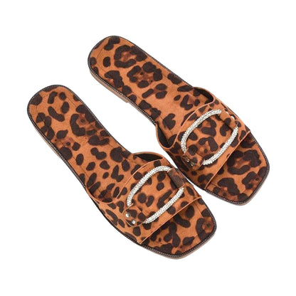 Brown - Side - XY London Womens-Ladies Annie Leopard Print Diamante Flat Sliders