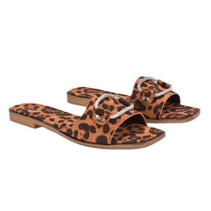 Brown - Lifestyle - XY London Womens-Ladies Annie Leopard Print Diamante Flat Sliders