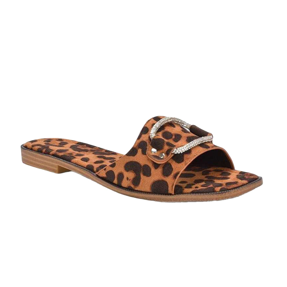 Brown - Front - XY London Womens-Ladies Annie Leopard Print Diamante Flat Sliders