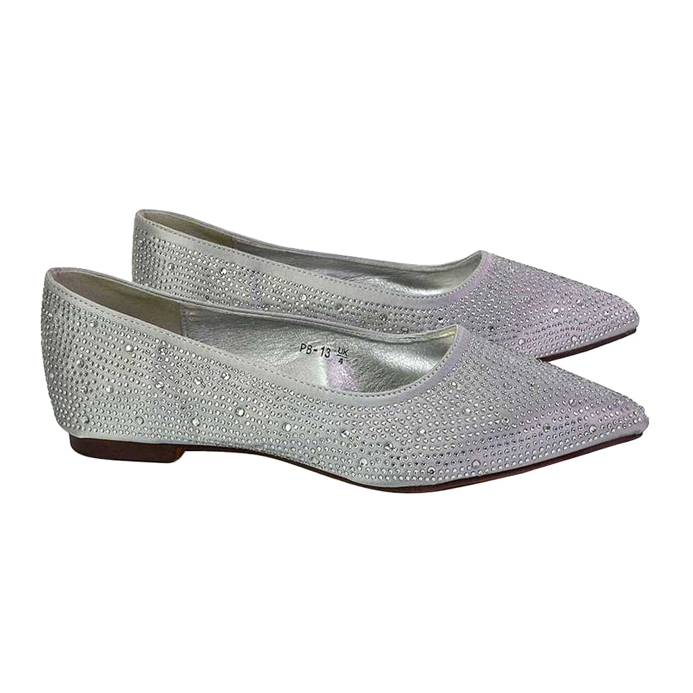 Silver - Lifestyle - XY London Womens-Ladies Marshall Rhinestone Pointed Flat Ballerina Flats