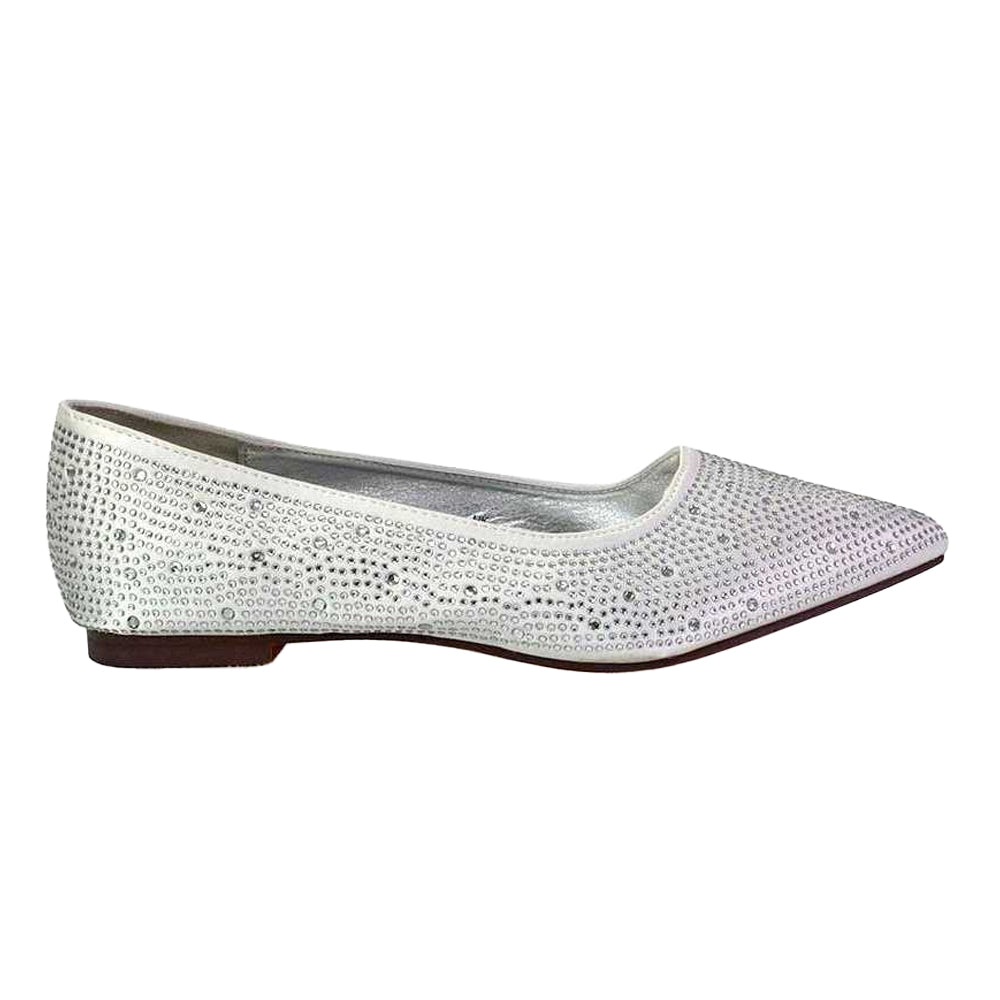 White - Front - XY London Womens-Ladies Marshall Rhinestone Pointed Flat Ballerina Flats