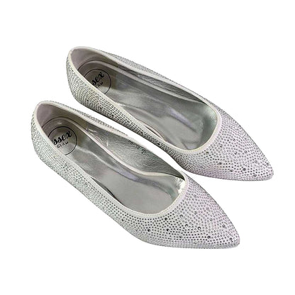 White - Side - XY London Womens-Ladies Marshall Rhinestone Pointed Flat Ballerina Flats