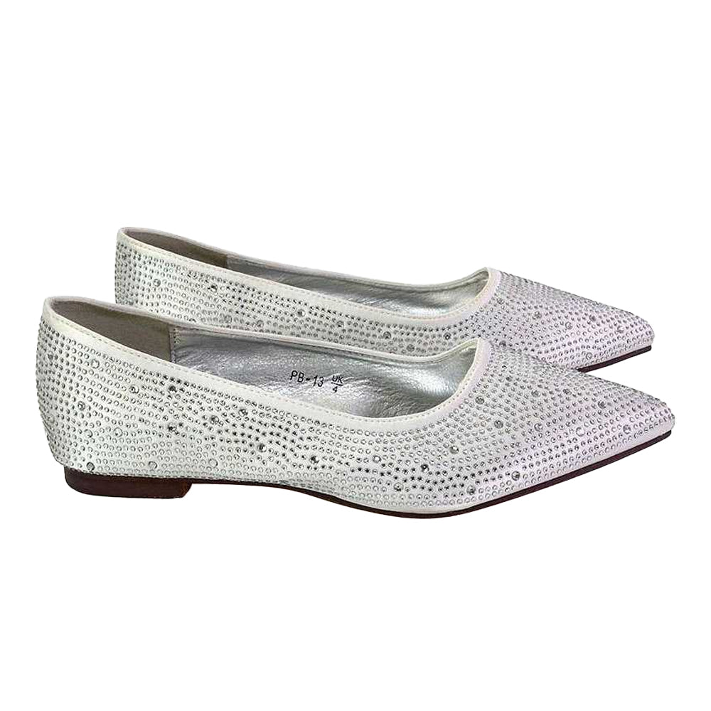 White - Lifestyle - XY London Womens-Ladies Marshall Rhinestone Pointed Flat Ballerina Flats