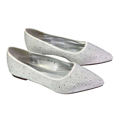 White - Pack Shot - XY London Womens-Ladies Marshall Rhinestone Pointed Flat Ballerina Flats
