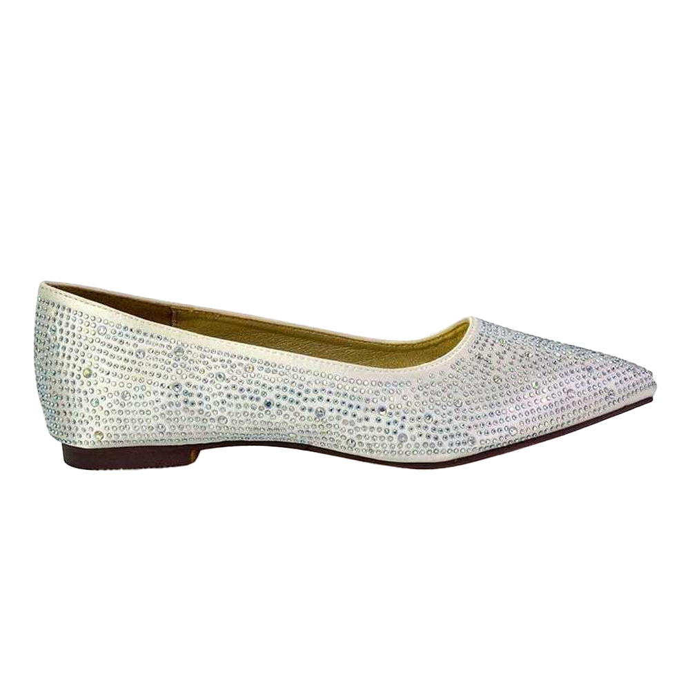 Ivory - Front - XY London Womens-Ladies Marshall Rhinestone Pointed Flat Ballerina Flats