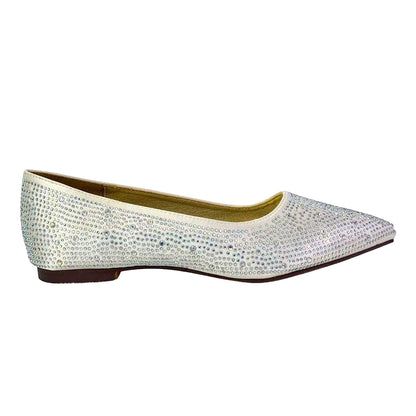 Ivory - Front - XY London Womens-Ladies Marshall Rhinestone Pointed Flat Ballerina Flats