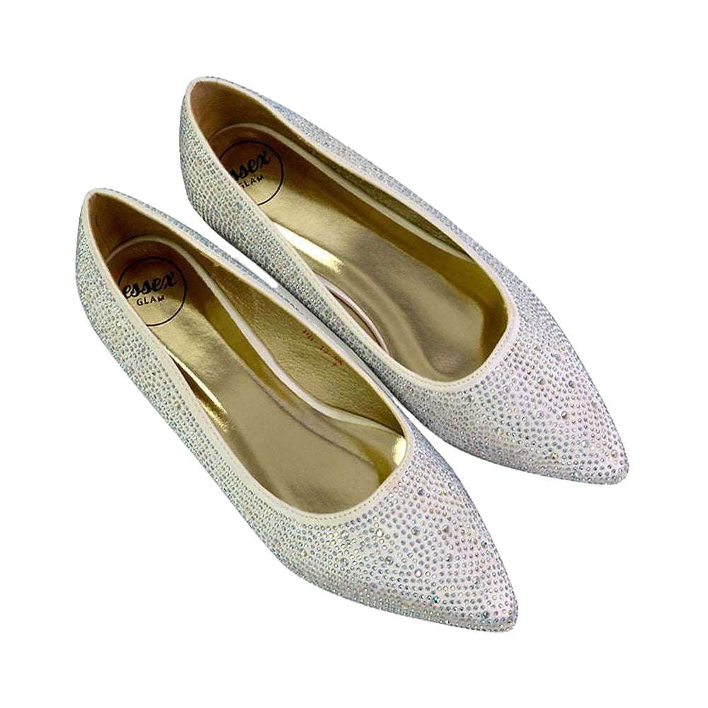 Ivory - Side - XY London Womens-Ladies Marshall Rhinestone Pointed Flat Ballerina Flats
