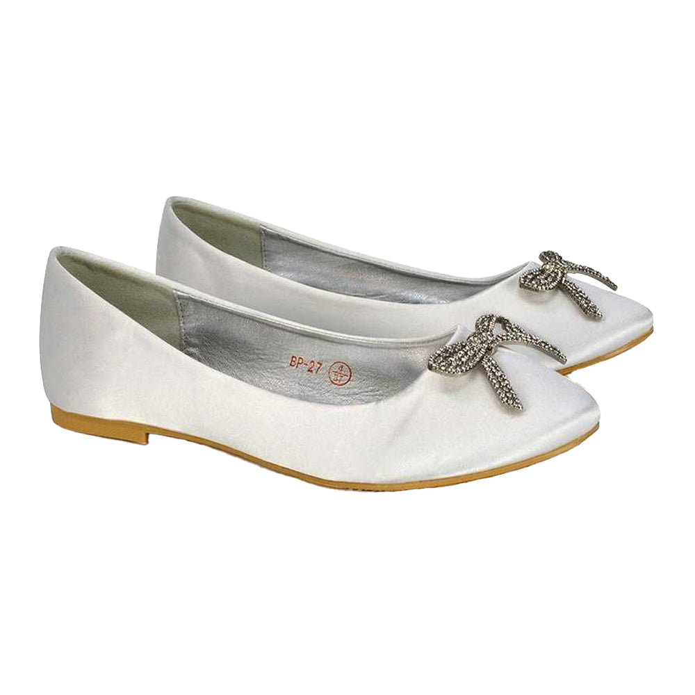 White - Side - XY London Womens-Ladies Rory Diamante Slip-on Bow Ballerina Flats