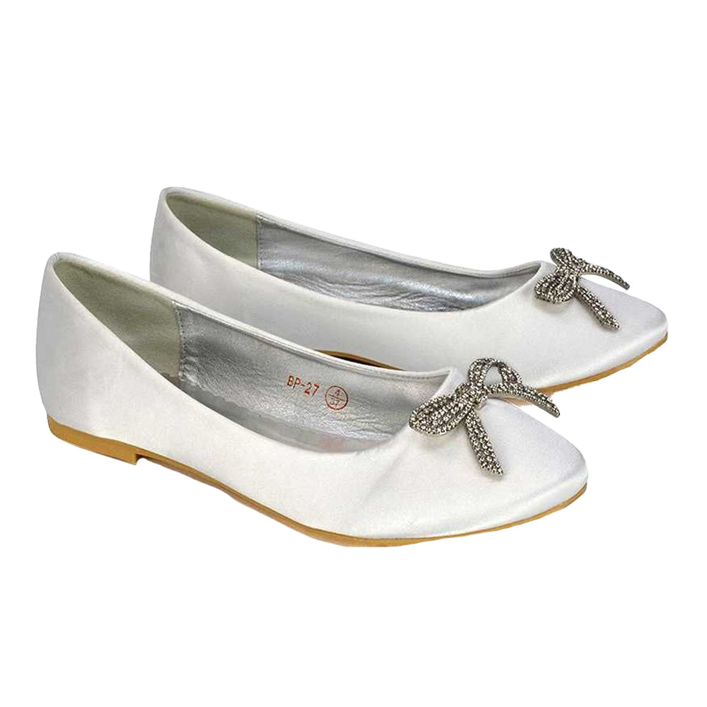 White - Lifestyle - XY London Womens-Ladies Rory Diamante Slip-on Bow Ballerina Flats