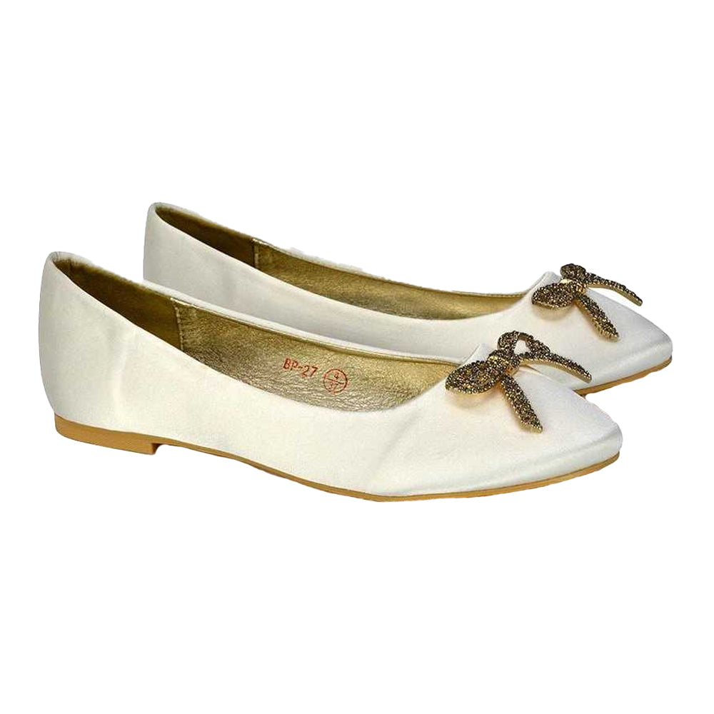 Ivory - Side - XY London Womens-Ladies Rory Diamante Slip-on Bow Ballerina Flats