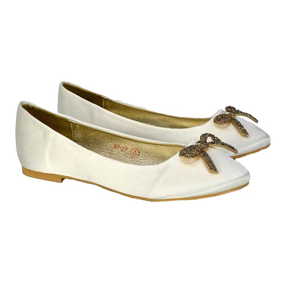 Ivory - Side - XY London Womens-Ladies Rory Diamante Slip-on Bow Ballerina Flats