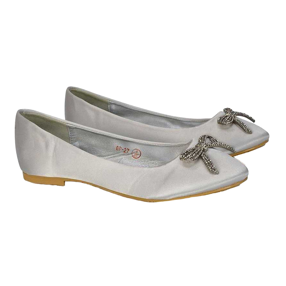 Silver - Side - XY London Womens-Ladies Rory Diamante Slip-on Bow Ballerina Flats