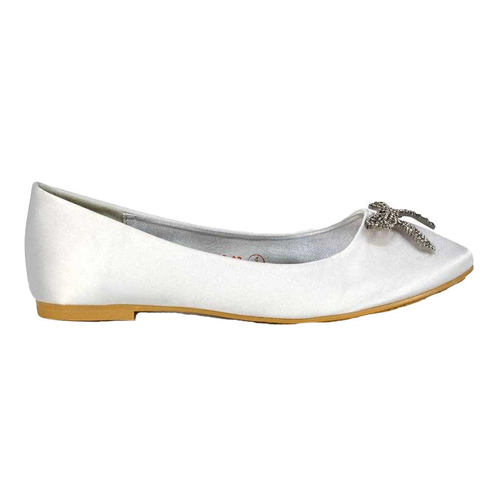 White - Front - XY London Womens-Ladies Rory Diamante Slip-on Bow Ballerina Flats