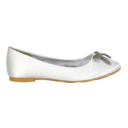 White - Front - XY London Womens-Ladies Rory Diamante Slip-on Bow Ballerina Flats