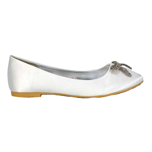 White - Front - XY London Womens-Ladies Rory Diamante Slip-on Bow Ballerina Flats