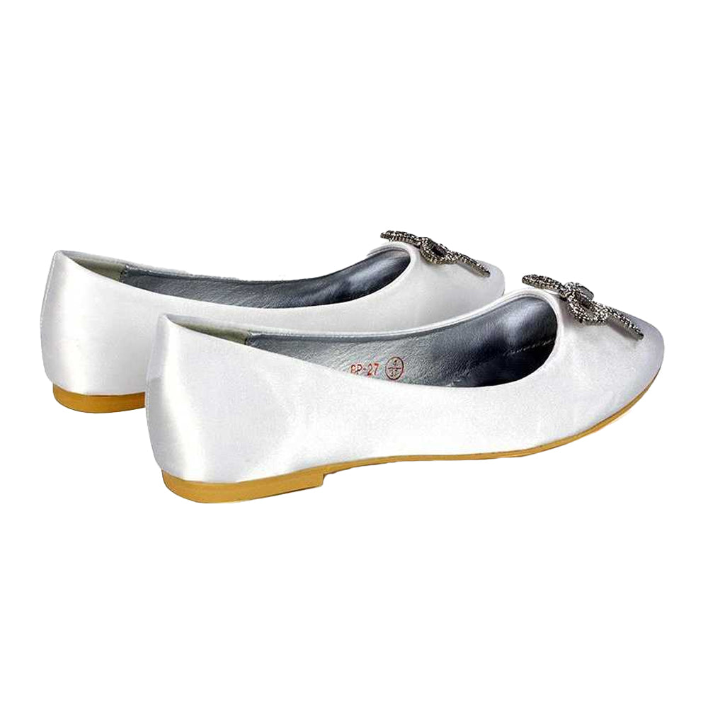 White - Back - XY London Womens-Ladies Rory Diamante Slip-on Bow Ballerina Flats
