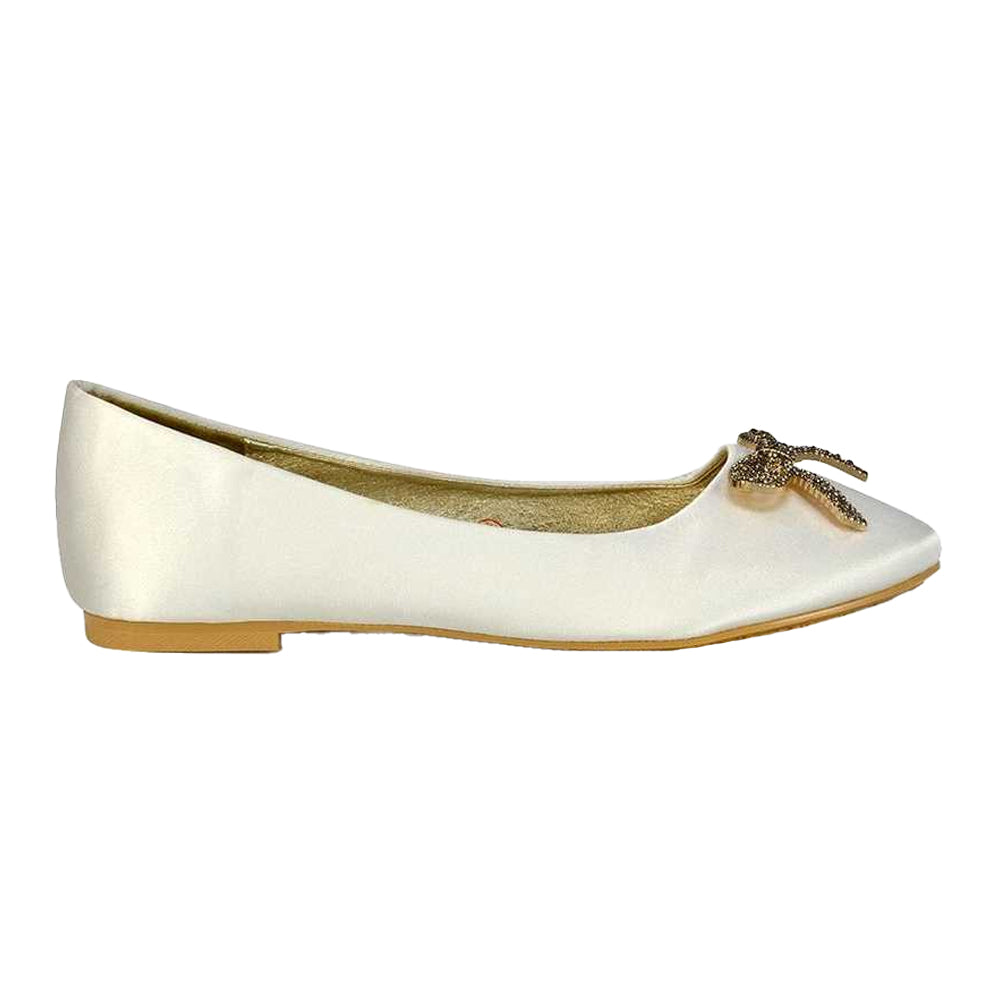 Ivory - Front - XY London Womens-Ladies Rory Diamante Slip-on Bow Ballerina Flats