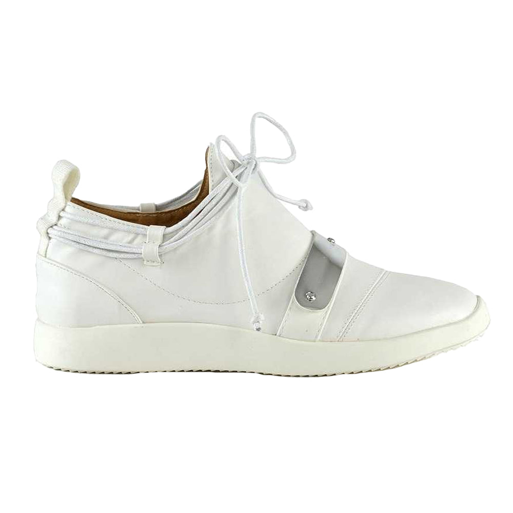 White - Side - XY London Womens-Ladies Evanescence Metallic Detail Lace Up Flat Trainers