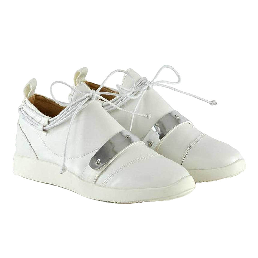 White - Lifestyle - XY London Womens-Ladies Evanescence Metallic Detail Lace Up Flat Trainers