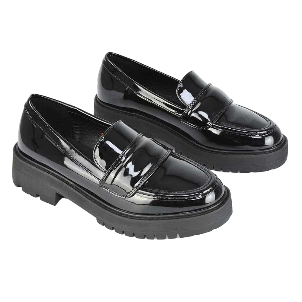 True Black - Side - XY London Womens-Ladies Kourtney Patent Leather Chunky Heel Loafers