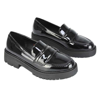 True Black - Side - XY London Womens-Ladies Kourtney Patent Leather Chunky Heel Loafers