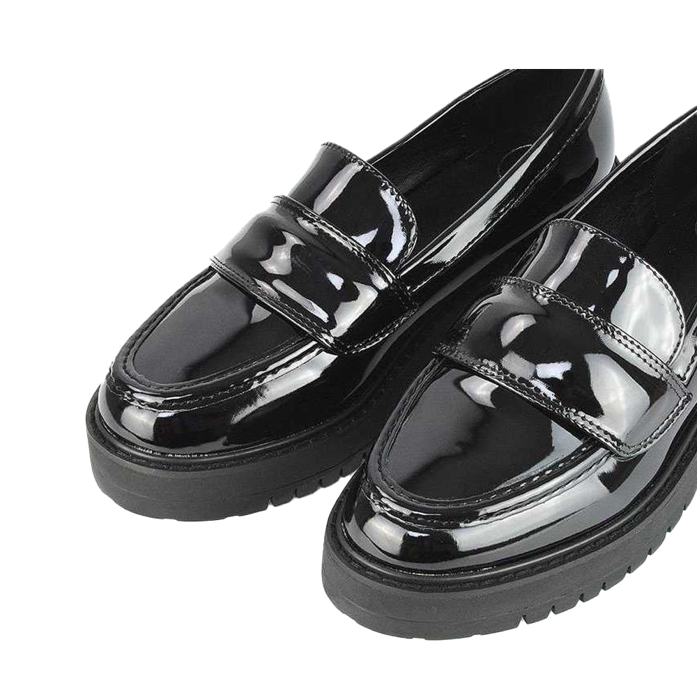 True Black - Lifestyle - XY London Womens-Ladies Kourtney Patent Leather Chunky Heel Loafers