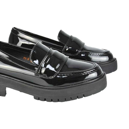 True Black - Pack Shot - XY London Womens-Ladies Kourtney Patent Leather Chunky Heel Loafers