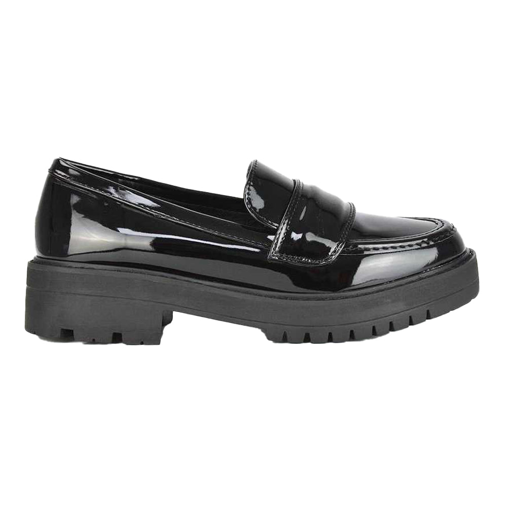 True Black - Front - XY London Womens-Ladies Kourtney Patent Leather Chunky Heel Loafers