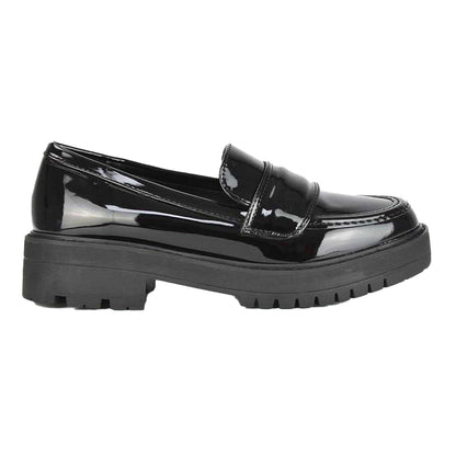 True Black - Front - XY London Womens-Ladies Kourtney Patent Leather Chunky Heel Loafers