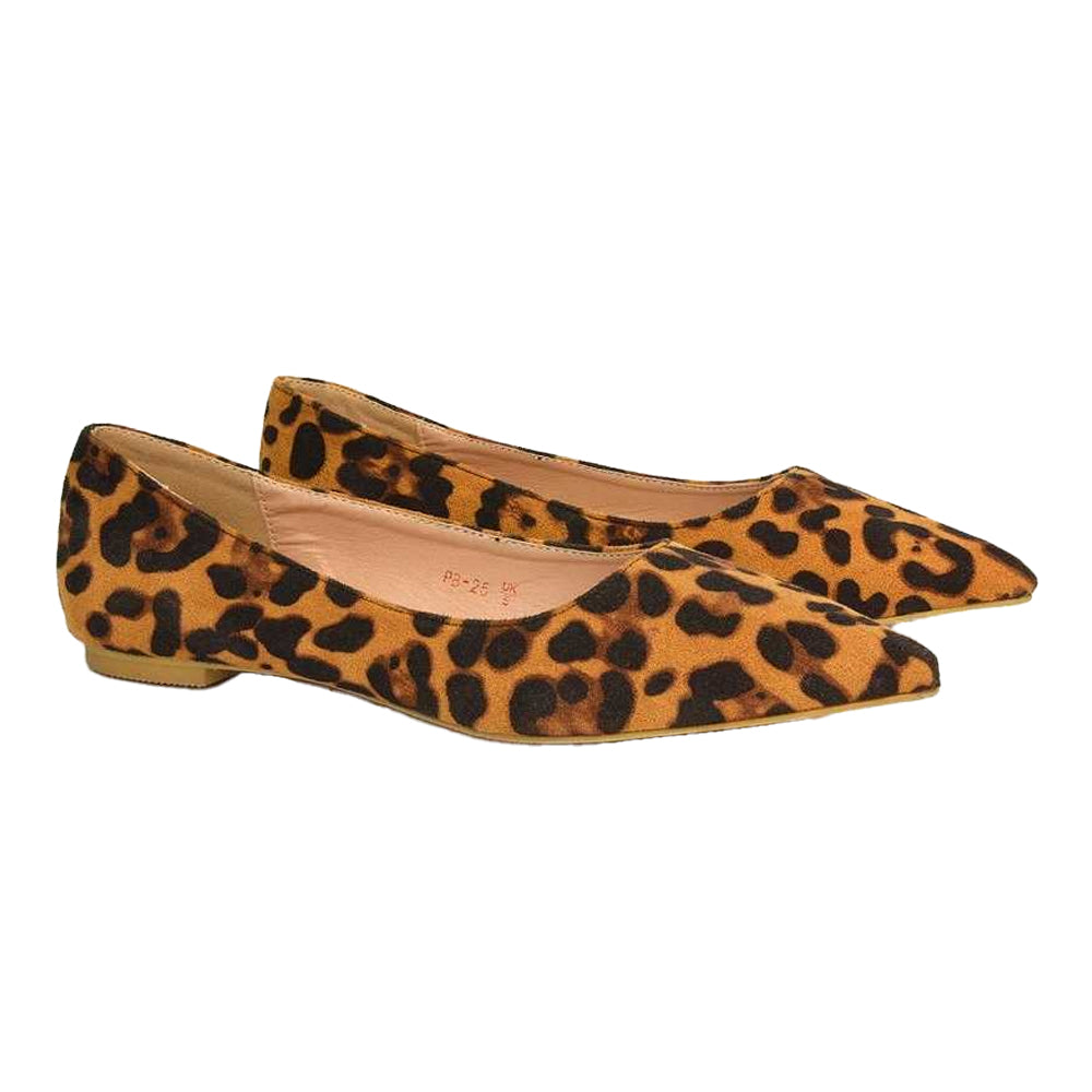 Tan-Black - Pack Shot - XY London Womens-Ladies Bubbles Leopard Print Ballerina Flats