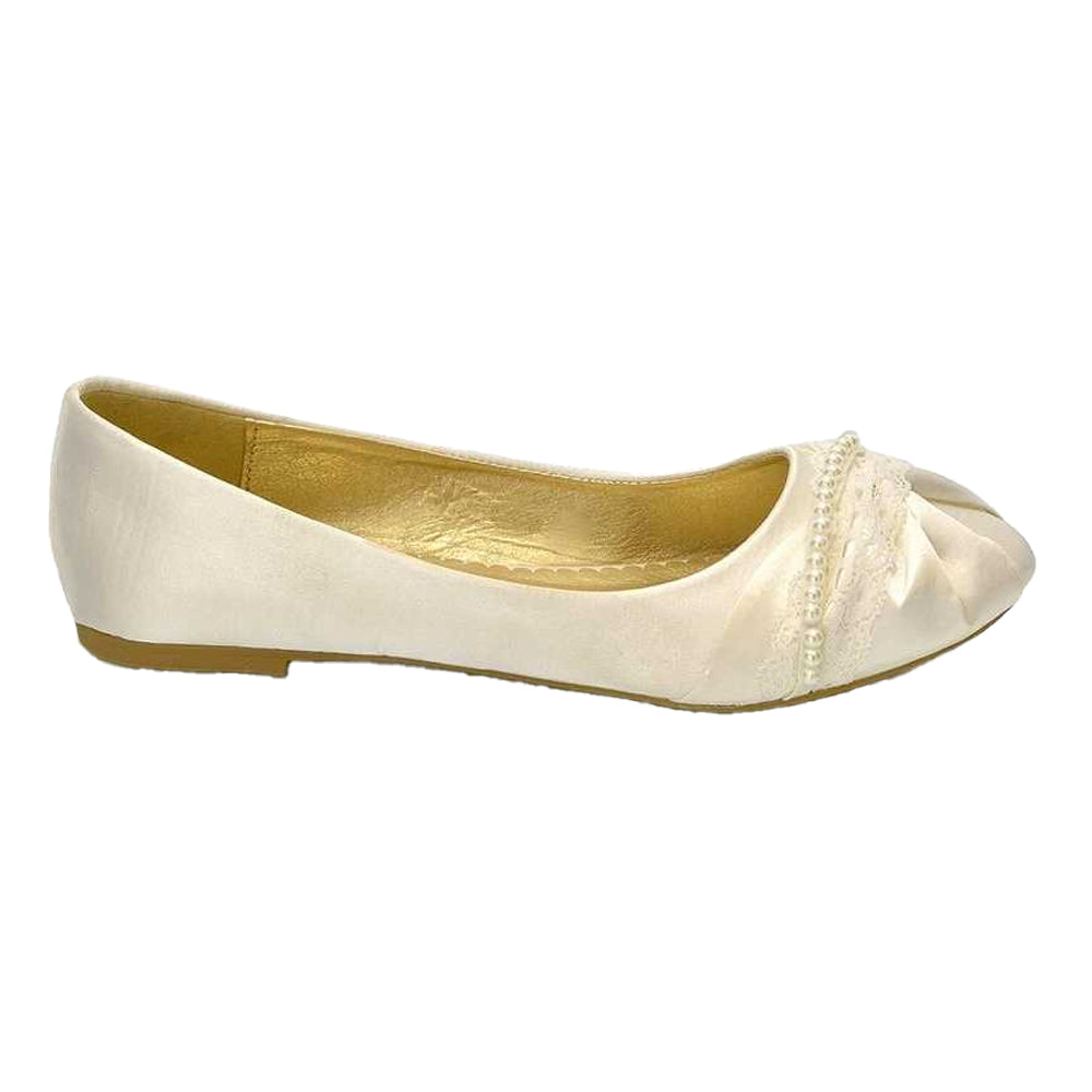 Ivory - Back - XY London Womens-Ladies Pearly Bridal Ballerina Flats
