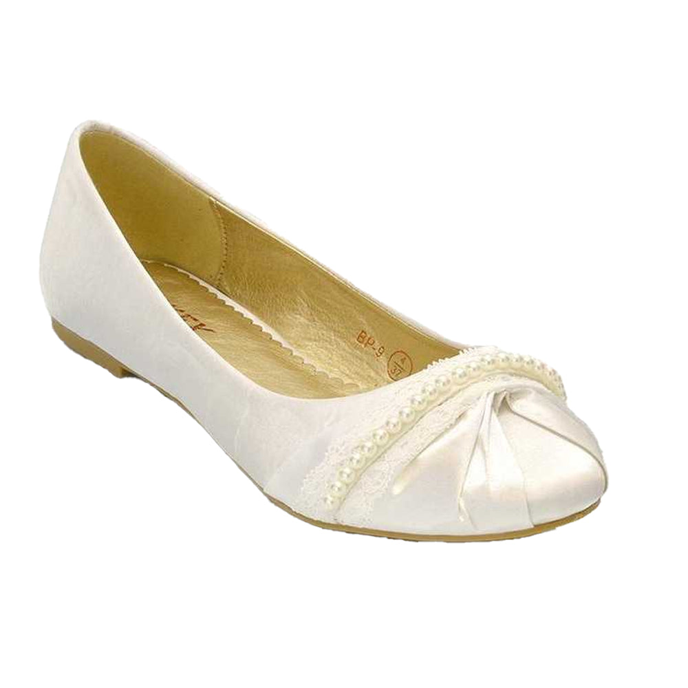 White - Front - XY London Womens-Ladies Pearly Bridal Ballerina Flats