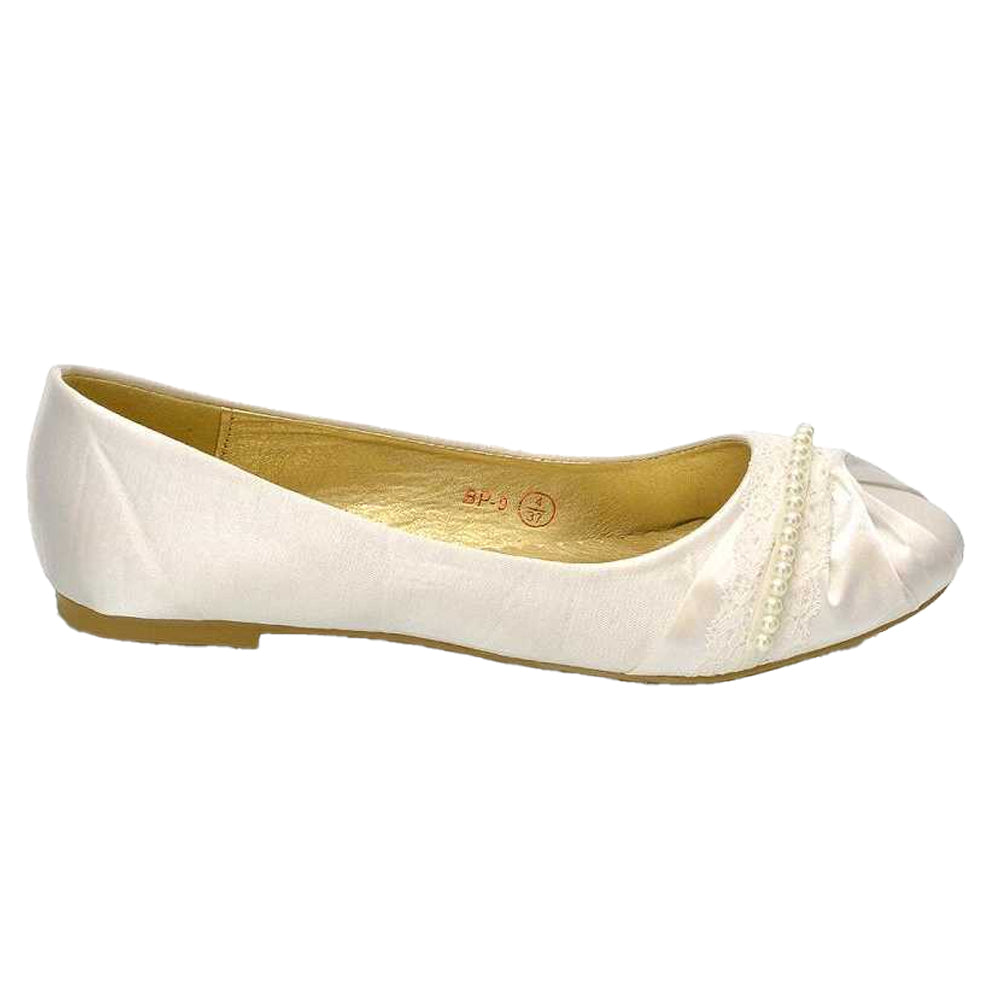 White - Back - XY London Womens-Ladies Pearly Bridal Ballerina Flats