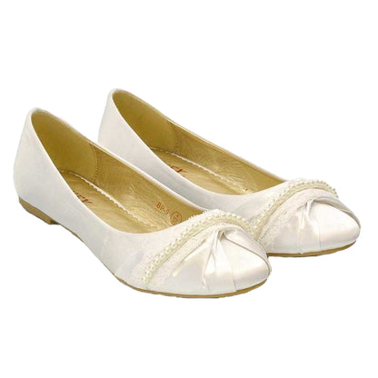 White - Side - XY London Womens-Ladies Pearly Bridal Ballerina Flats