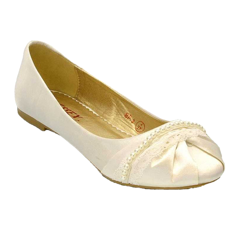 Ivory - Front - XY London Womens-Ladies Pearly Bridal Ballerina Flats