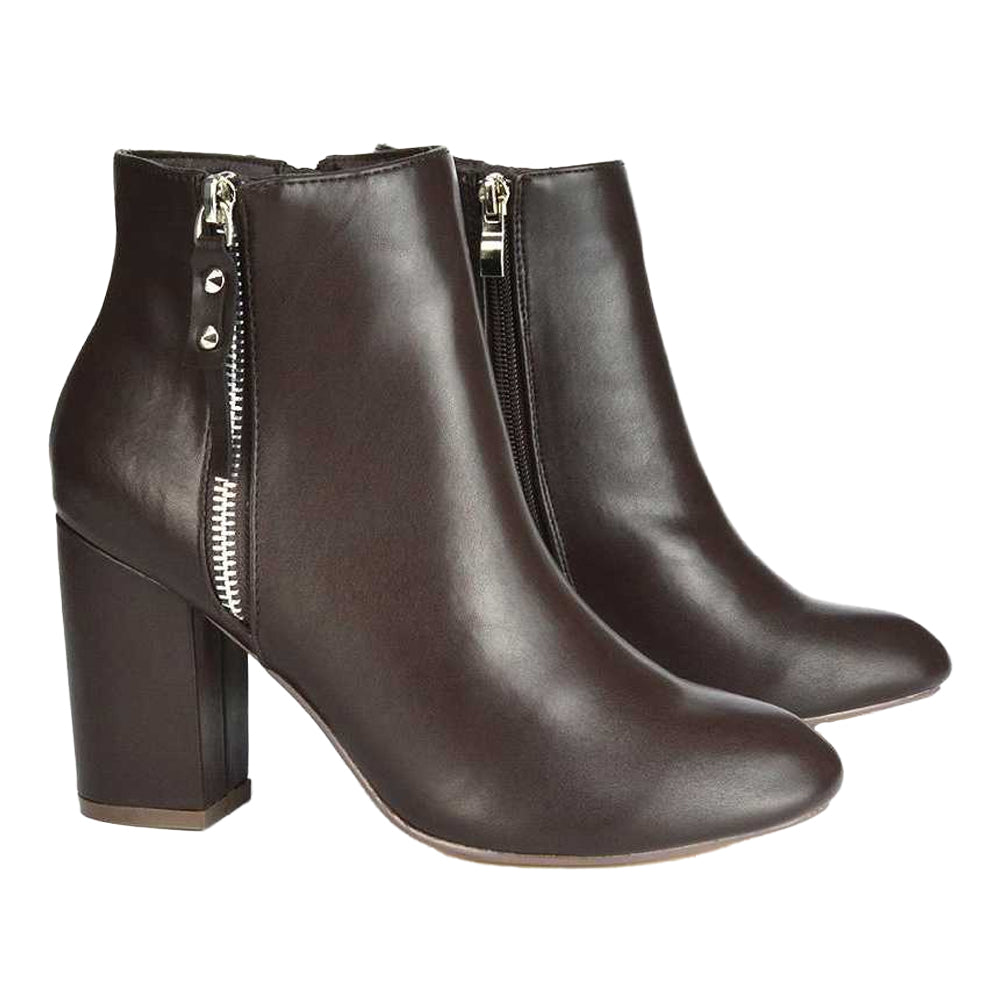 Brown - Side - XY London Womens-Ladies Andrea High Block Heel Ankle Boots