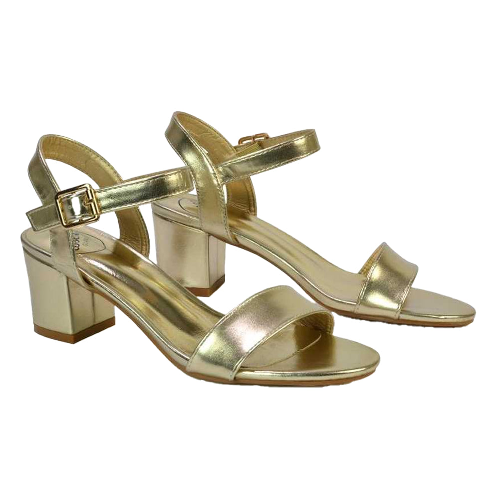 Metallic Gold - Pack Shot - XY London Womens-Ladies Jessica Strappy Metallic Mid High Block Sandals