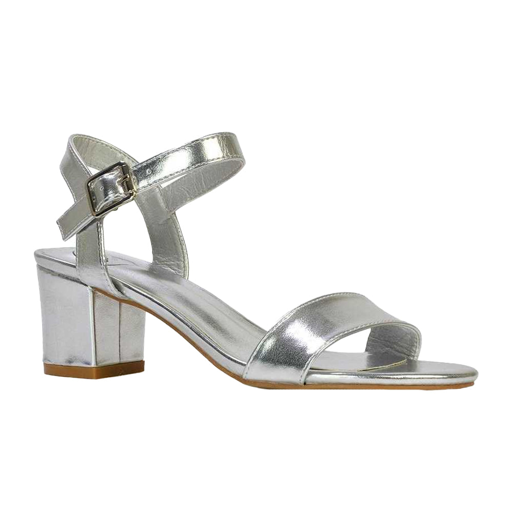 Metallic Silver - Front - XY London Womens-Ladies Jessica Strappy Metallic Mid High Block Sandals