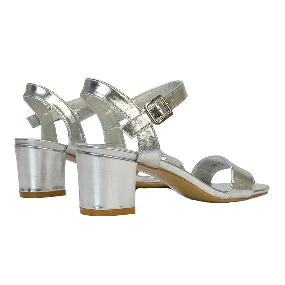 Metallic Silver - Back - XY London Womens-Ladies Jessica Strappy Metallic Mid High Block Sandals
