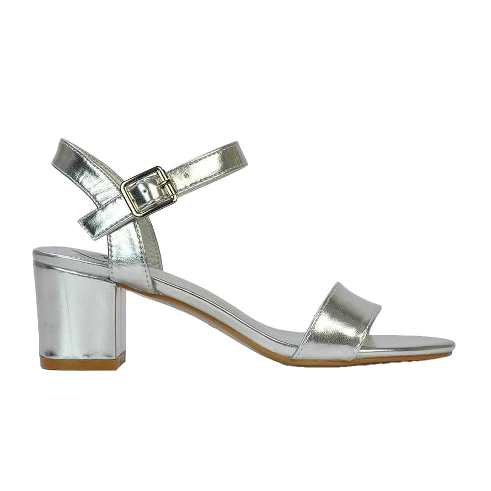 Metallic Silver - Side - XY London Womens-Ladies Jessica Strappy Metallic Mid High Block Sandals