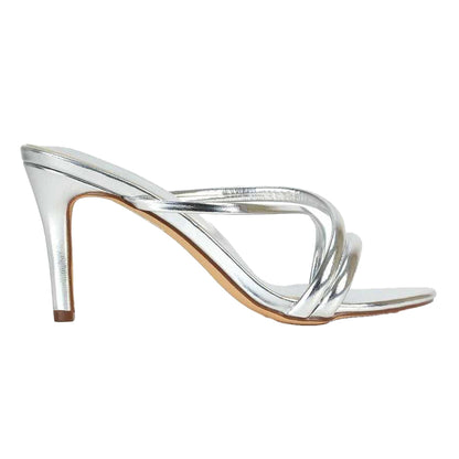 Metallic Silver - Side - XY London Womens-Ladies Angel Slip-on Mid Stiletto Mule Sandals
