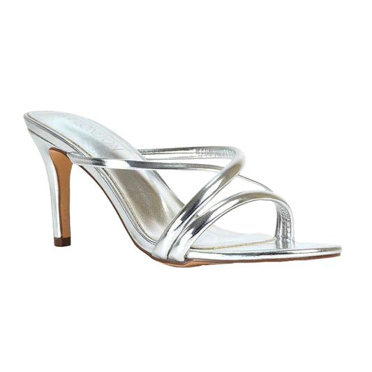 Metallic Silver - Front - XY London Womens-Ladies Angel Slip-on Mid Stiletto Mule Sandals