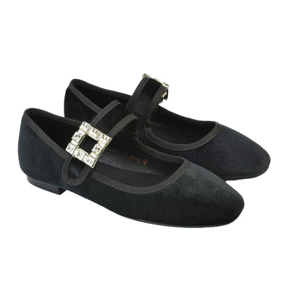 Jet Black - Front - XY London Womens-Ladies Rhyse Diamante Velvet Mary Janes