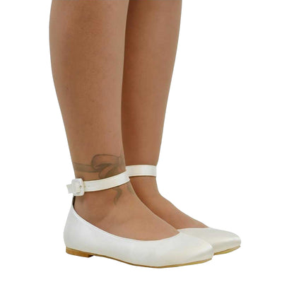 White - Front - XY London Womens-Ladies Kimmie Ankle Strap Ballerina Flats