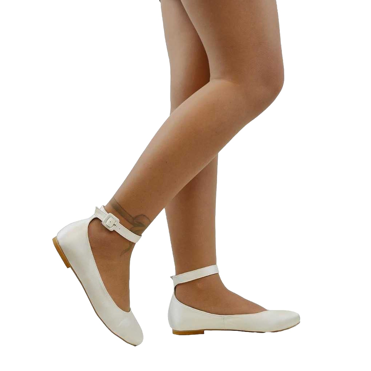 White - Side - XY London Womens-Ladies Kimmie Ankle Strap Ballerina Flats