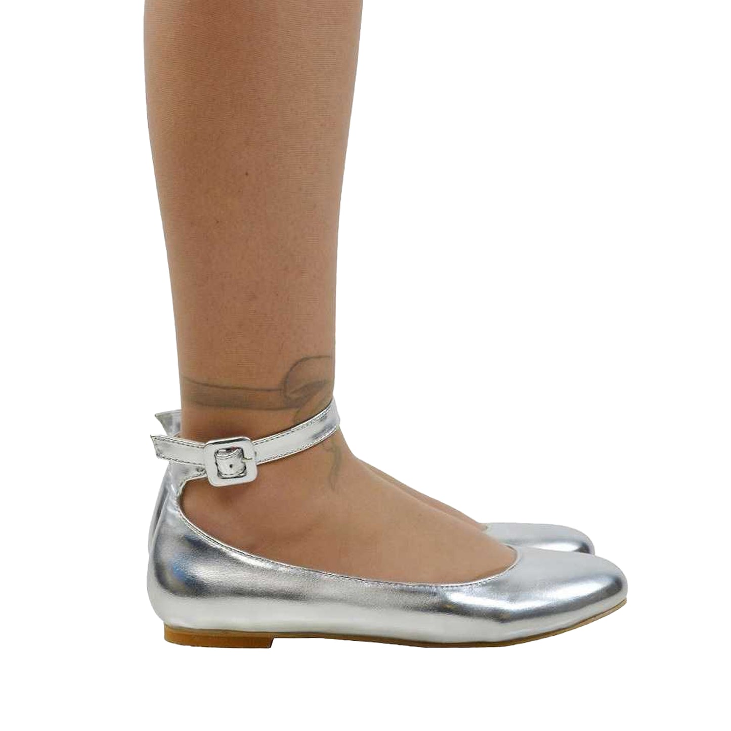 Metallic Silver - Back - XY London Womens-Ladies Kimmie Ankle Strap Ballerina Flats