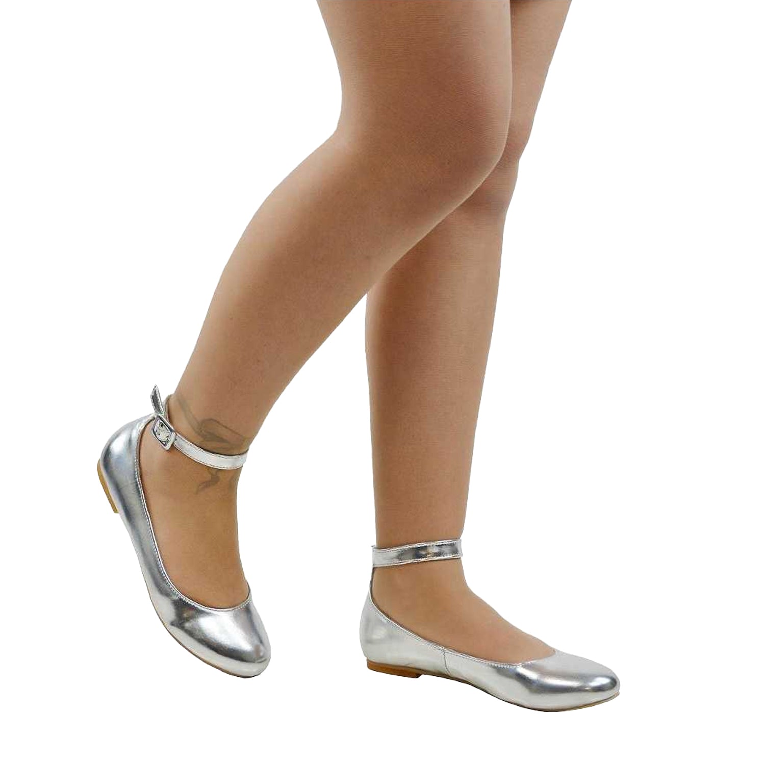 Metallic Silver - Side - XY London Womens-Ladies Kimmie Ankle Strap Ballerina Flats