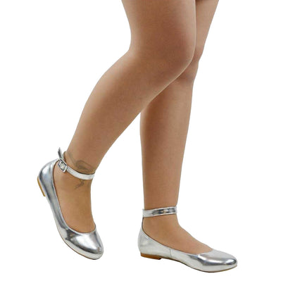 Metallic Silver - Side - XY London Womens-Ladies Kimmie Ankle Strap Ballerina Flats